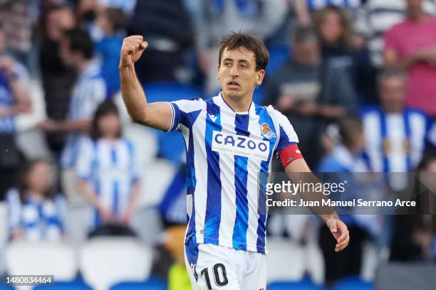 Mikel Oyarzabal of Real Sociedad celebrates after scoring their sides first goal during the LaLiga Santander match between Real Sociedad and Getafe...