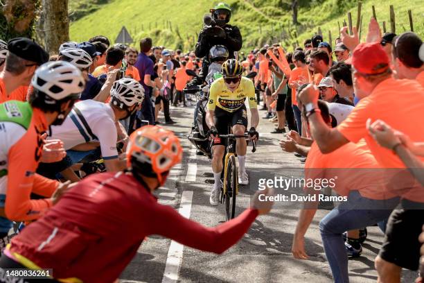 Jonas Vingegaard of Denmark and Team Jumbo – Visma - Yellow Leader Jersey competes in the breakaway while fans cheers during the 62nd Itzulia Basque...