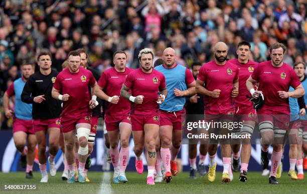 Jack Nowell of Exeter Chiefs leads players of Exeter Chiefs into the tunnel prior to the Heineken Champions Cup Quarter Finals match between Exeter...