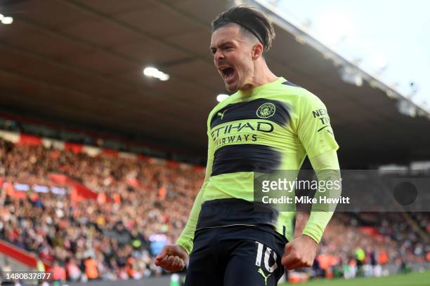 Jack Grealish of Manchester City celebrates after scoring the team's second goal during the Premier League match between Southampton FC and...