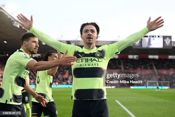 Jack Grealish of Manchester City celebrates after scoring the team's second goal during the Premier League match between Southampton FC and...