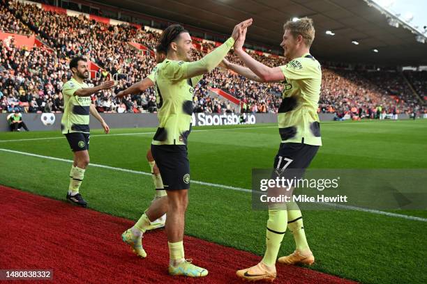 Jack Grealish of Manchester City celebrates after scoring the team's second goal during the Premier League match between Southampton FC and...