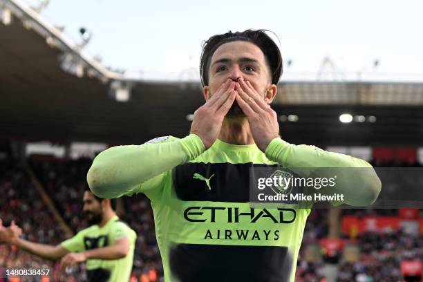 Jack Grealish of Manchester City celebrates after scoring the team's second goal during the Premier League match between Southampton FC and...