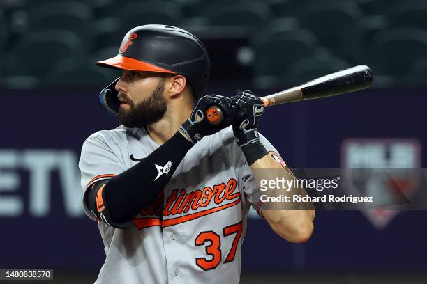 Anthony Bemboom of the Baltimore Orioles bats against the Texas Rangers at Globe Life Field on April 03, 2023 in Arlington, Texas.