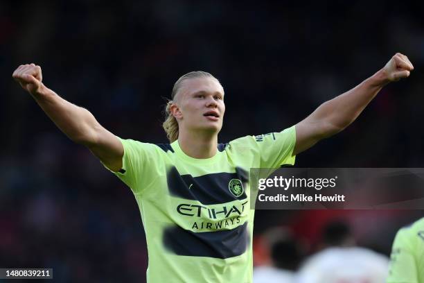 Erling Haaland of Manchester City celebrates after scoring the team's third goal during the Premier League match between Southampton FC and...