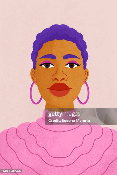 illustration of black curly woman on pink background - féminin modèle photos et images de collection