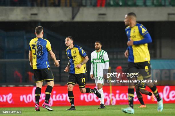 Federico Ceccherini of Hellas Verona celebrates after scoring their sides first goal during the Serie A match between Hellas Verona and US Sassuolo...