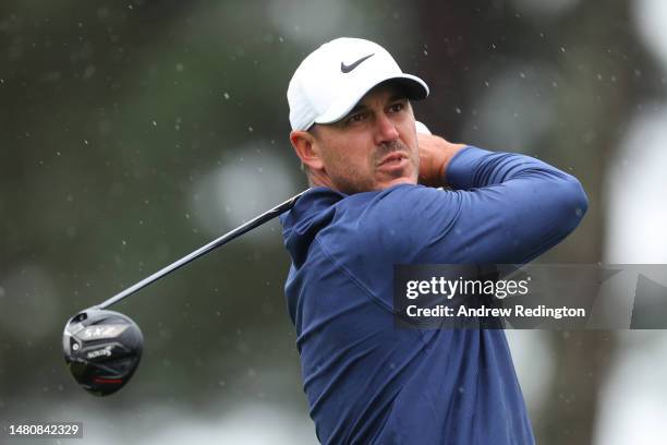 Brooks Koepka of the United States plays his shot from the third tee during the third round of the 2023 Masters Tournament at Augusta National Golf...