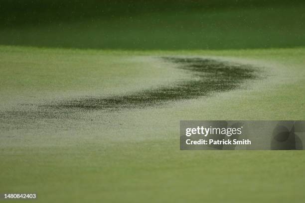 Detail of standing water on the seventh green during the third round of the 2023 Masters Tournament at Augusta National Golf Club on April 08, 2023...