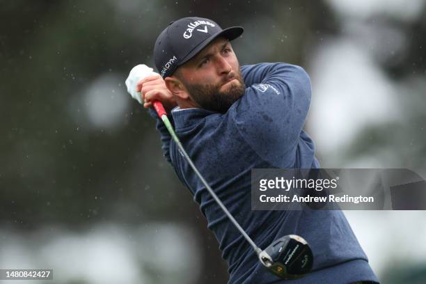 Jon Rahm of Spain plays his shot from the third tee during the third round of the 2023 Masters Tournament at Augusta National Golf Club on April 08,...