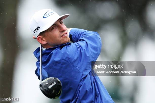 Amateur Sam Bennett of the United States plays his shot from the third tee during the third round of the 2023 Masters Tournament at Augusta National...