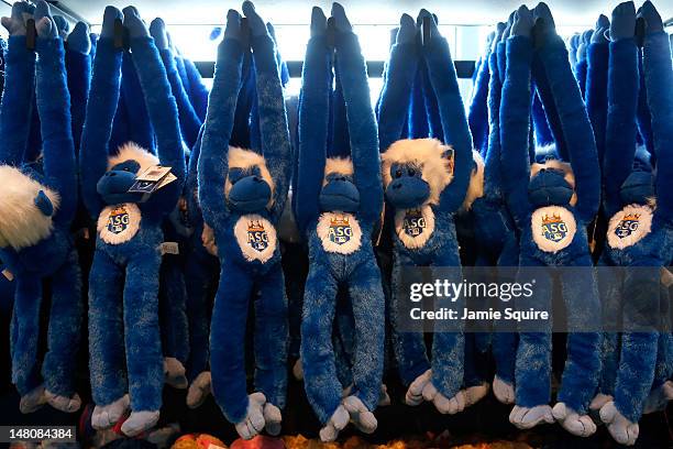All-Star logo stuffed monkeys are seen inside the team store before the Gatorade All-Star Workout Day at Kauffman Stadium on July 9, 2012 in Kansas...