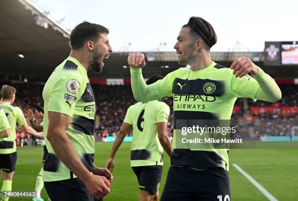 Jack Grealish of Manchester City celebrates after scoring the team's second goal during the Premier League match between Southampton FC and...