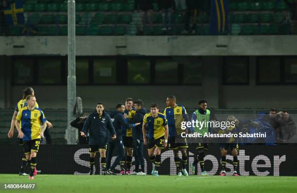 Adolfo Gaich of Hellas Verona celebrates with team matafter scoring their sides second goal during the Serie A match between Hellas Verona and US...