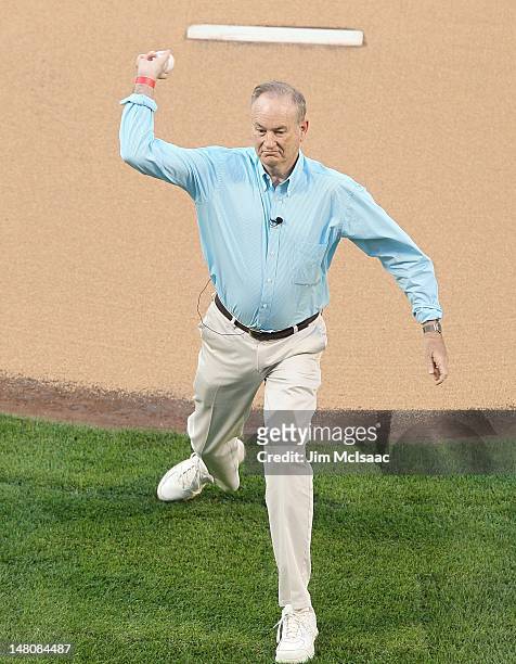 Fox News anchor Bill O'Reilly throws out the first pitch prior to the game between the New York Mets and the Cincinnati Reds at Citi Field on June...