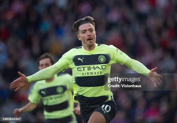 Jack Grealish celebrates scoring for Manchester City during the Premier League match between Southampton FC and Manchester City at Friends Provident...