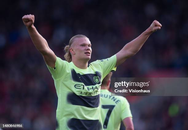 Erling Haaland celebrates scoring his second goal for Manchester City during the Premier League match between Southampton FC and Manchester City at...