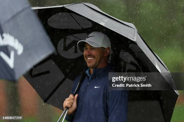 Brooks Koepka of the United States reacts on the seventh green during the third round of the 2023 Masters Tournament at Augusta National Golf Club on...