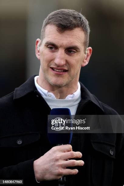 Former Rugby Player Sam Warburton presents on BT Sport prior to the Heineken Champions Cup Quarter Finals match between Exeter Chiefs and DHL...