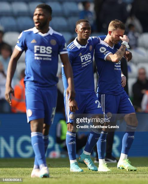 Patson Daka and James Maddison of Leicester City look dejected following the team's defeat during the Premier League match between Leicester City and...
