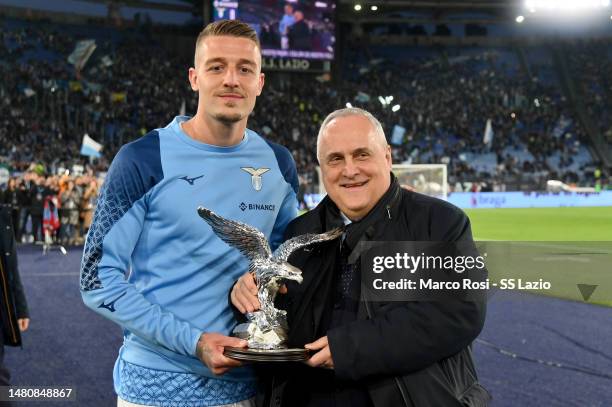 Sergej Milinkovic Savic and Claudio Lotito are awarded prior the Serie A match between SS Lazio and Juventus at Stadio Olimpico on April 08, 2023 in...