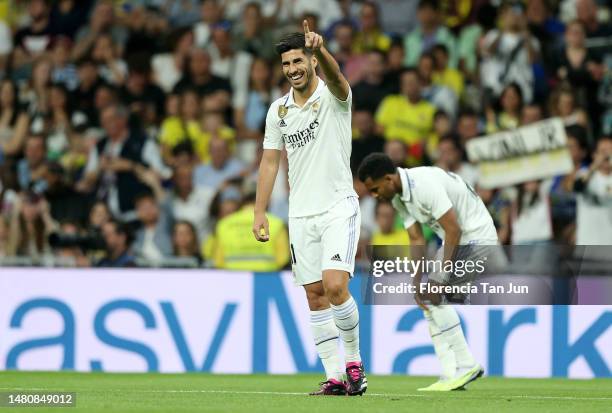 Marco Asensio of Real Madrid celebrates an an own goal by Pau Torres of Villarreal CF , Real Madrid's first goal during the LaLiga Santander match...