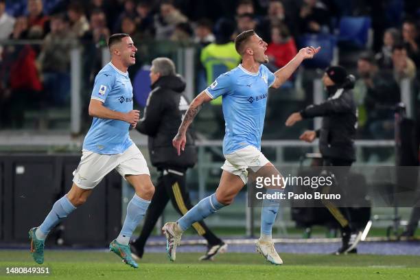 Sergej Milinkovic-Savic of SS Lazio celebrates after scoring their sides first goal during the Serie A match between SS Lazio and Juventus at Stadio...