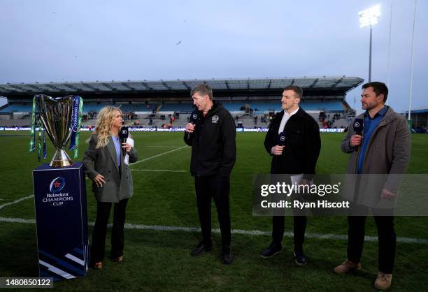 General view as Sarra Elgan speaks with Rob Baxter, Director of Rugby of Exeter Chiefs, as Former Rugby Players Sam Warburton and Thinus Delport look...