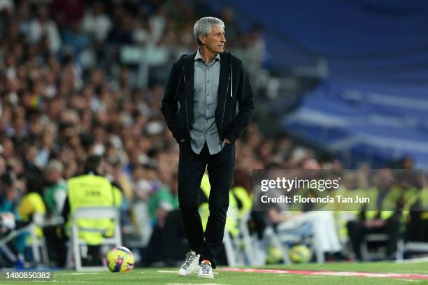 Quique Setien, Head Coach of Villarreal CF, looks on during the LaLiga Santander match between Real Madrid CF and Villarreal CF at Estadio Santiago...