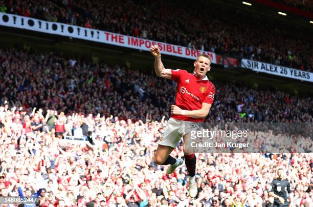 Scott McTominay of Manchester United celebrates after scoring the team's first goal during the Premier League match between Manchester United and...