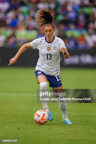 Alex Morgan of the United States dribbles the ball during a game between Ireland and USWNT at Q2 Stadium on April 8, 2023 in Austin, Texas.