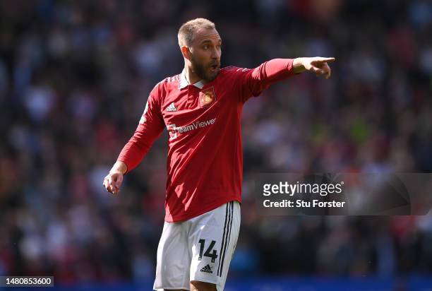 Christian Eriksen of Manchester United makes a point in his comeback game during the Premier League match between Manchester United and Everton FC at...