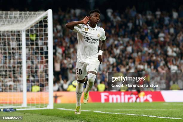 Vinicius Junior of Real Madrid celebrates after scoring their sides second goal during the LaLiga Santander match between Real Madrid CF and...