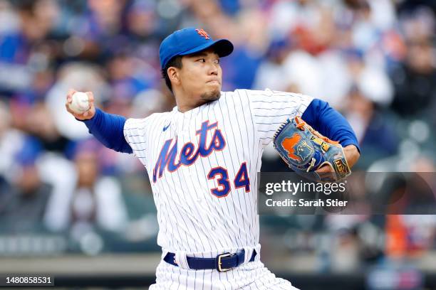 Kodai Senga of the New York Mets pitches during the first inning against the Miami Marlins at Citi Field on April 08, 2023 in the Flushing...