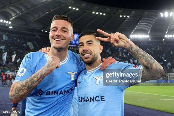 Sergej Milinkovic-Savic and Mattia Zaccagni of SS Lazio celebrate following their sides victory after the Serie A match between SS Lazio and Juventus...