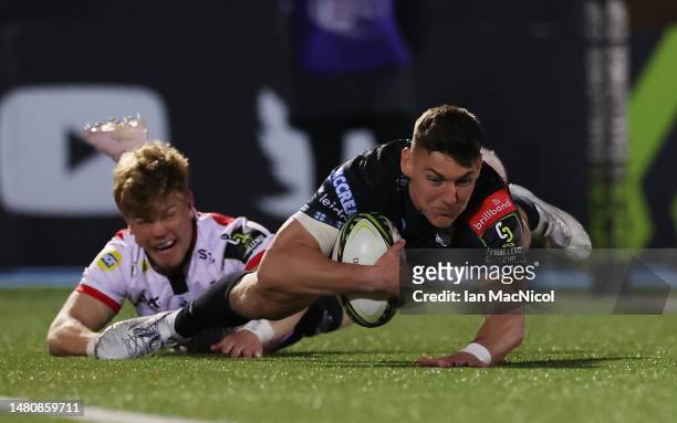 Tom Jordan of Glasgow Warriors scores his team's fourth try during the Glasgow Warriors v Emirates Lions Quarter Finals - EPCR Challenge Cup match at...