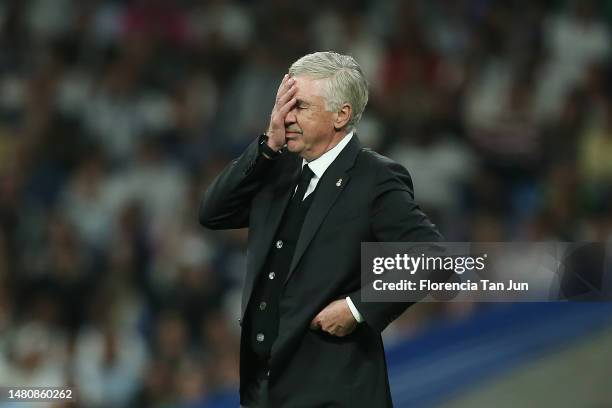 Carlo Ancelotti, Head Coach of Real Madrid, looks dejected during the LaLiga Santander match between Real Madrid CF and Villarreal CF at Estadio...