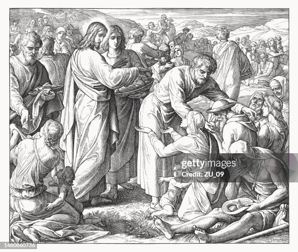 feeding of the five thousand (john 6), wood engraving, published in 1860 - miracle stock illustrations