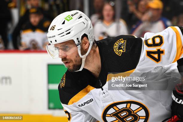 David Krejci of the Boston Bruins skates against the Pittsburgh Penguins at PPG PAINTS Arena on April 1, 2023 in Pittsburgh, Pennsylvania.