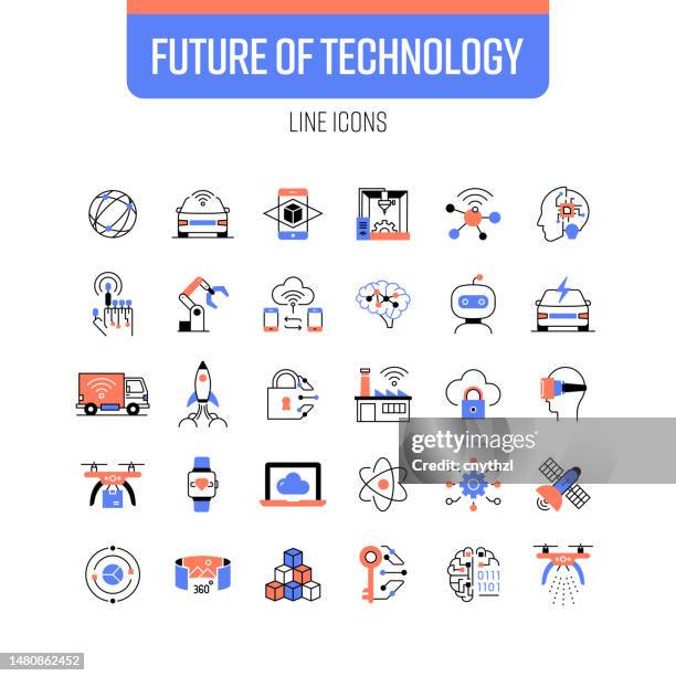 future technology line icon set. augmented reality, ai, smart car, blockchain - 3d printing process stock illustrations