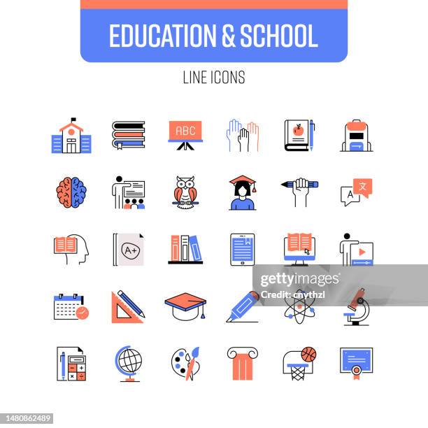 bildung und schule line icon set. schüler, unterricht, klassenzimmer, abschluss - lecture hall stock-grafiken, -clipart, -cartoons und -symbole