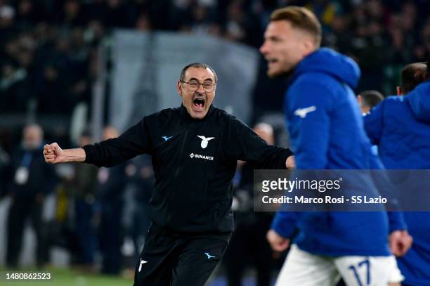Lazio head coach Maurizio Sarri celebrates a vitory after the Serie A match between SS Lazio and Juventus at Stadio Olimpico on April 08, 2023 in...