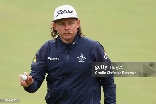 Cameron Smith of Australia reacts on the eighth green during the third round of the 2023 Masters Tournament at Augusta National Golf Club on April...