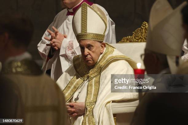 Pope Francis presides over the Easter Vigil Mass in St. Peter's Basilica on April 08, 2023 in Vatican City, Vatican. Pope Francis presided over the...