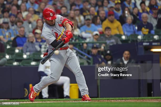 Willson Contreras of the St. Louis Cardinals swings at a pitch during the first inning against the Milwaukee Brewers at American Family Field on...