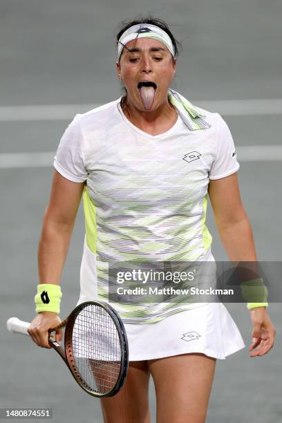 Ons Jabeur of Tunisia reacts to a lost point while playing Daria Kasatkina of Russia during the semifinals Credit One Charleston Open at Credit One...