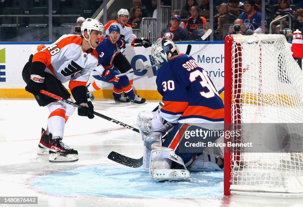 Ilya Sorokin of the New York Islanders makes the first period save on Morgan Frost of the Philadelphia Flyers at the UBS Arena on April 08, 2023 in...