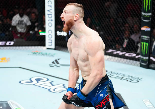 Joe Pyfer reacts after his TKO victory over Gerald Meerschaert in a middleweight fight during the UFC 287 event at Kaseya Center on April 08, 2023 in...
