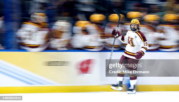 John Mittelstadt of the Minnesota Golden Gophers celebrates a goal in the first period during the championship game of the 2023 Frozen Four against...