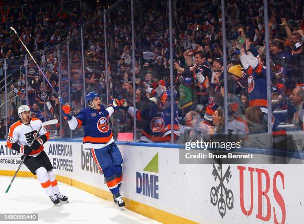 Samuel Bolduc of the New York Islanders celebrates his second period goal against the Philadelphia Flyers at the UBS Arena on April 08, 2023 in...